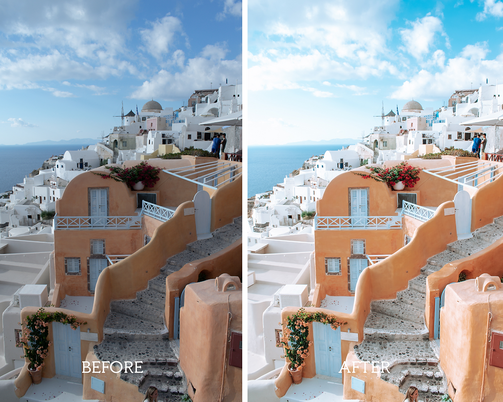 Thumbnail: Before-and-after comparison of a photo edited with Santorini Mobile Presets, showcasing the transformation in color and clarity. The 'before' image displays original hues, while the 'after' reveals enhanced vibrancy, crisp contrasts, and the iconic bright blues and whites of Santorini, highlighting the presets' ability to evoke the charm and beauty of the Greek islands."