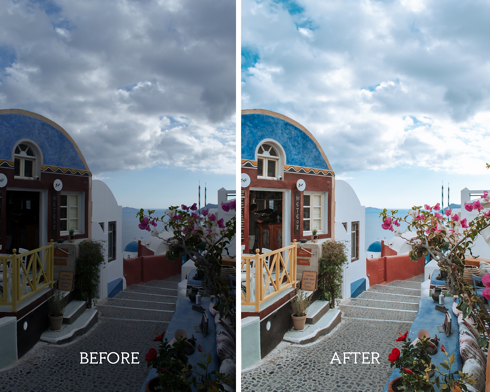 Thumbnail: Before-and-after comparison of a photo edited with Santorini Mobile Presets, showcasing the transformation in color and clarity. The 'before' image displays original hues, while the 'after' reveals enhanced vibrancy, crisp contrasts, and the iconic bright blues and whites of Santorini, highlighting the presets' ability to evoke the charm and beauty of the Greek islands."