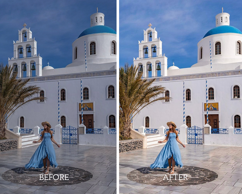 Thumbnail: Before-and-after comparison of a photo edited with Santorini Mobile Presets, showcasing the transformation in color and clarity. The 'before' image displays original hues, while the 'after' reveals enhanced vibrancy, crisp contrasts, and the iconic bright blues and whites of Santorini, highlighting the presets' ability to evoke the charm and beauty of the Greek islands."