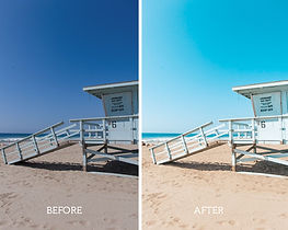 A picturesque view of a Los Angeles beach featuring a lifeguard house, enhanced with Los Angeles Mobile Presets. The image captures the vibrant colors of the sandy shore, azure waters, and sunny skies, evoking the laid-back, sunny lifestyle of California's coastal landscape.
