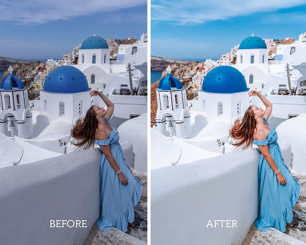Thumbnail: Before-and-after comparison of a photo edited with Santorini Mobile Presets, showcasing the transformation in color and clarity. The 'before' image displays original hues, while the 'after' reveals enhanced vibrancy, crisp contrasts, and the iconic bright blues and whites of Santorini, highlighting the presets' ability to evoke the charm and beauty of the Greek islands."