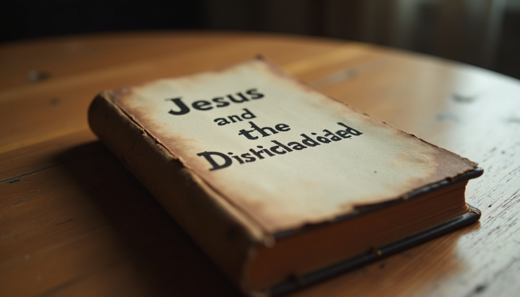 Close-up view of a weathered book titled "Jesus and the Disinherited" resting on a wooden table