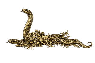 vintage gold and black golden serpent formed from botanical particles symbolizing transformation, healing, and feminine energ