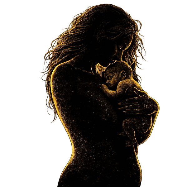 feminine silhouette formed from golden botanical particles symbolizing postpartum restoration and vitality