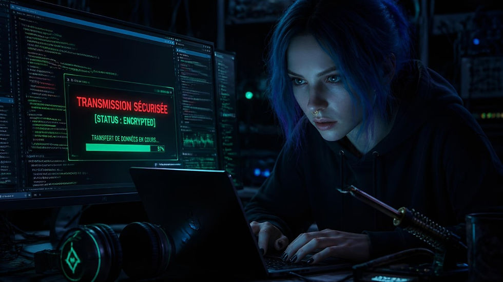Mya, jeune femme aux cheveux bleu néon et au perçage au septum, concentrée sur l'écran de son ordinateur portable dans un bureau sombre. Elle est entourée d'écrans multiples affichant des lignes de code complexes et une fenêtre de transmission sécurisée en cours de décryptage, avec une barre de progression visible.