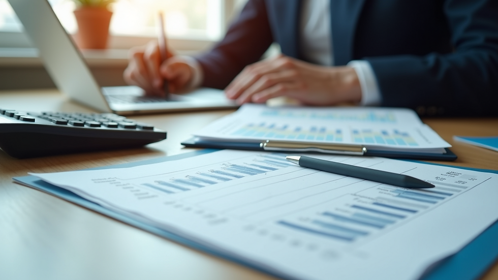 Eye-level view of a desk with financial documents and a calculator