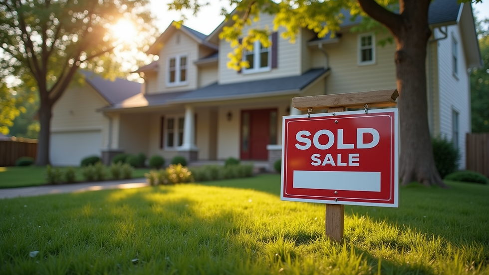 Wide angle view of a cozy home exterior with a “Sold” sign in the front yard