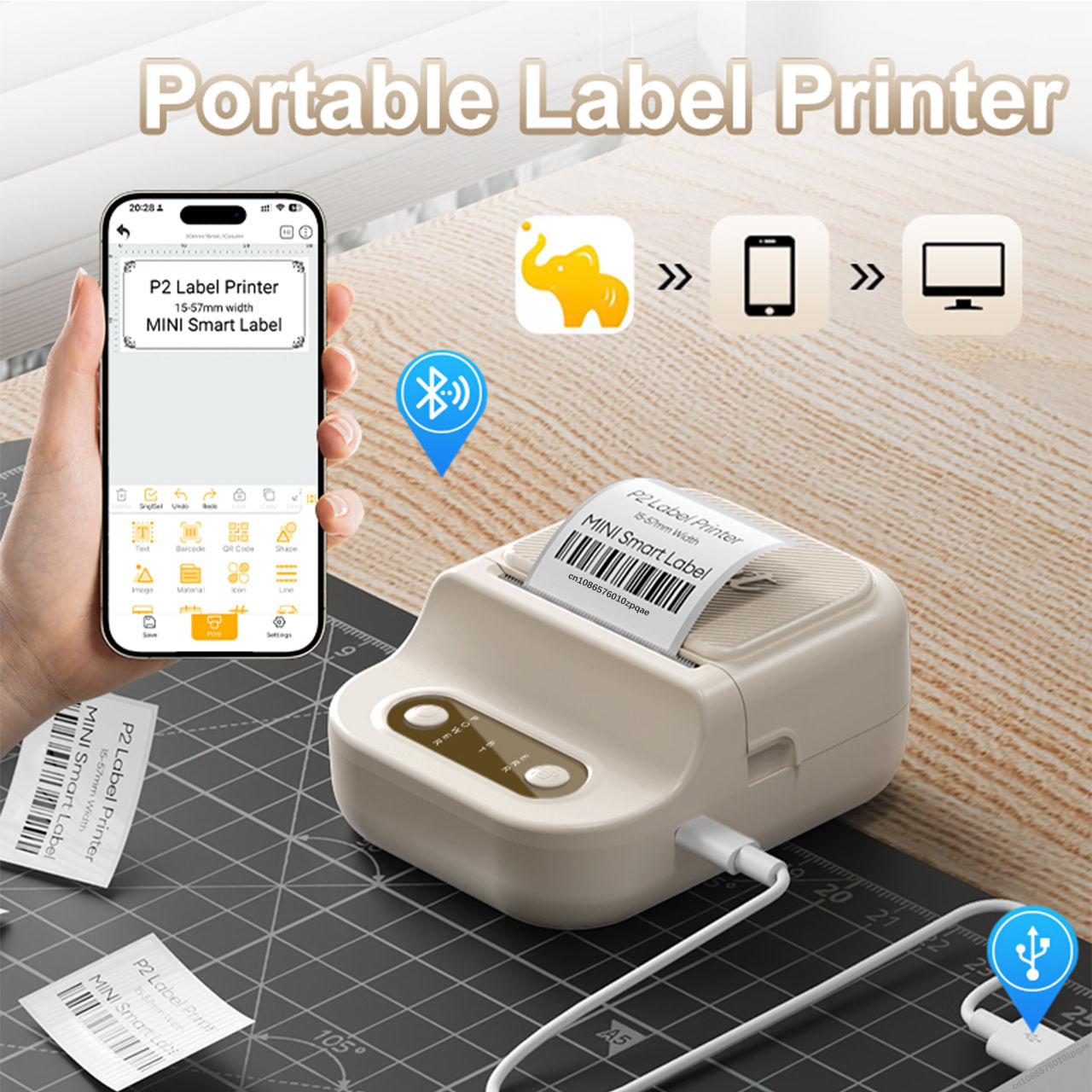 Mini Portable Thermal Printer 12-57mm Self-adhesive Label Printer Inkless Blueto