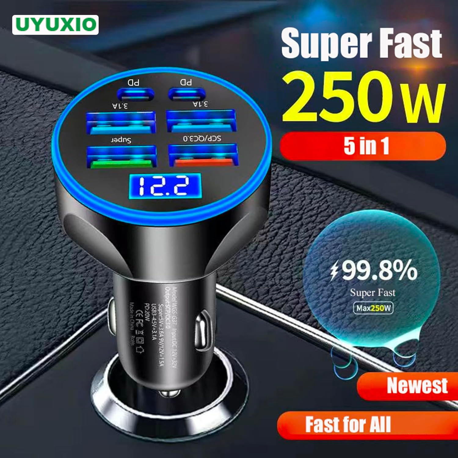 UYUXIO Multi Port USB C Car Charger Adapter with Voltage Display PD 30W Super Fa