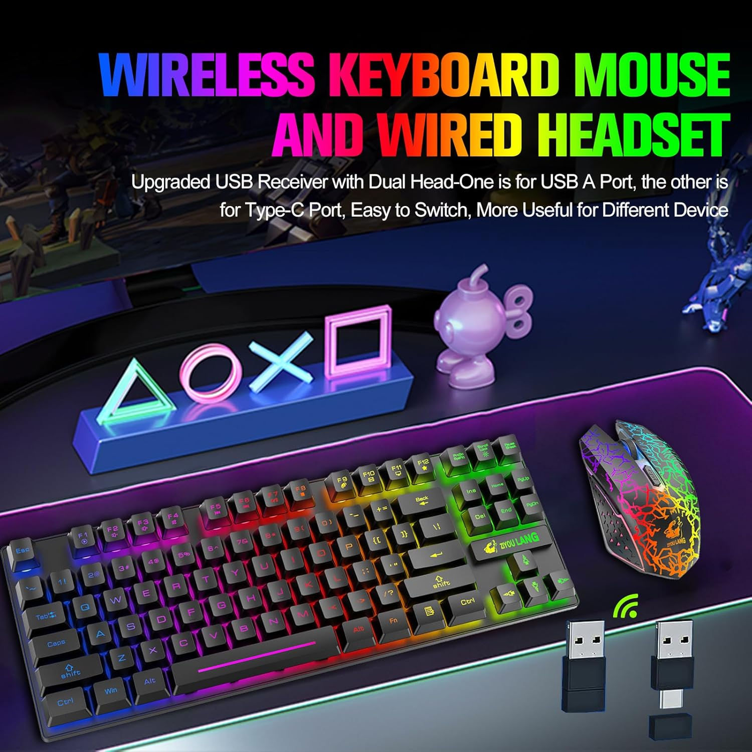 T87 Wireless Keyboard Mouse Set, Rainbow Backlit 2.4G Rechargeable Gaming Keyboa