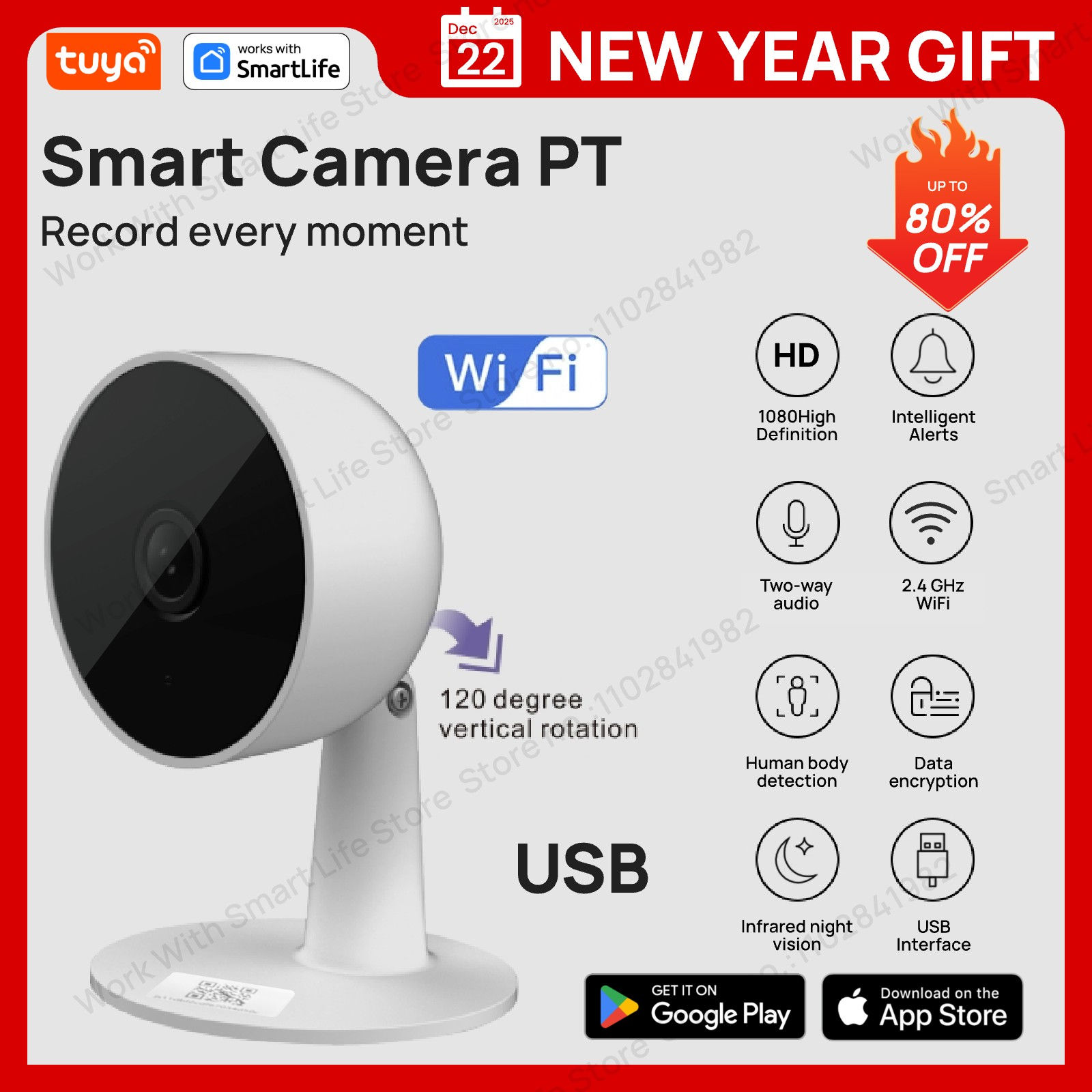 Tuya Smart 1080p Wi-Fi Smart Home Security Camera 2MP, HD,Real-time APP Alerts,