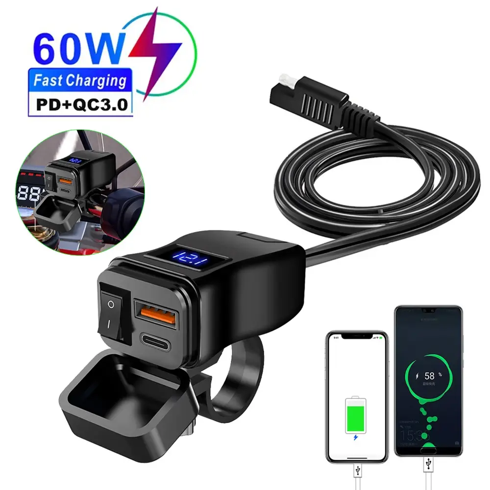 PD QC3.0 Motorcycle USB Fast Charger 60W Handlebar Dual USB Socket with Switch V