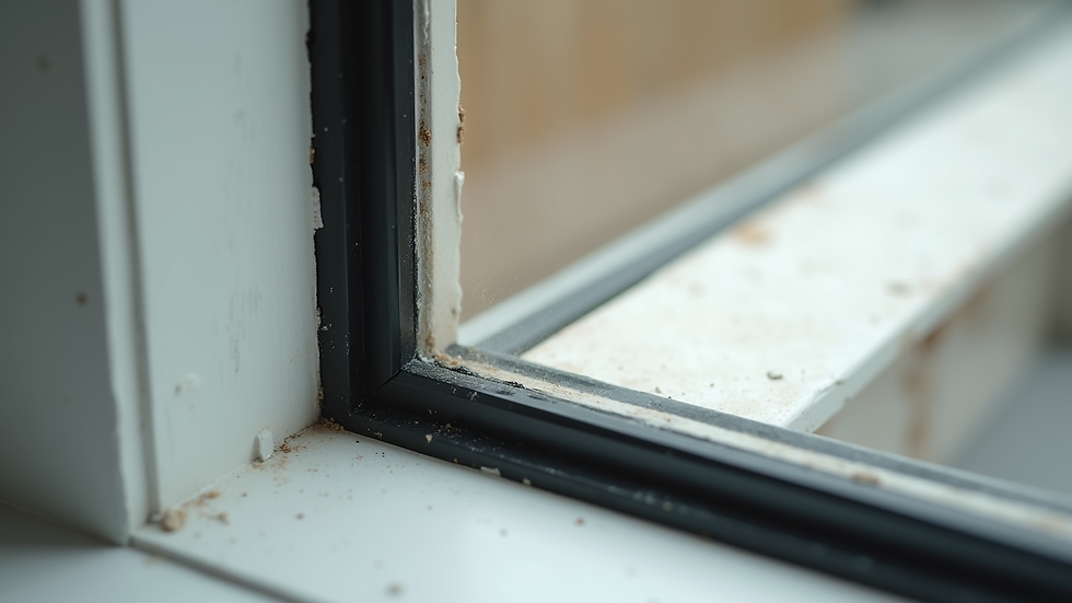 Close-up of window frame corner showing material and sealing