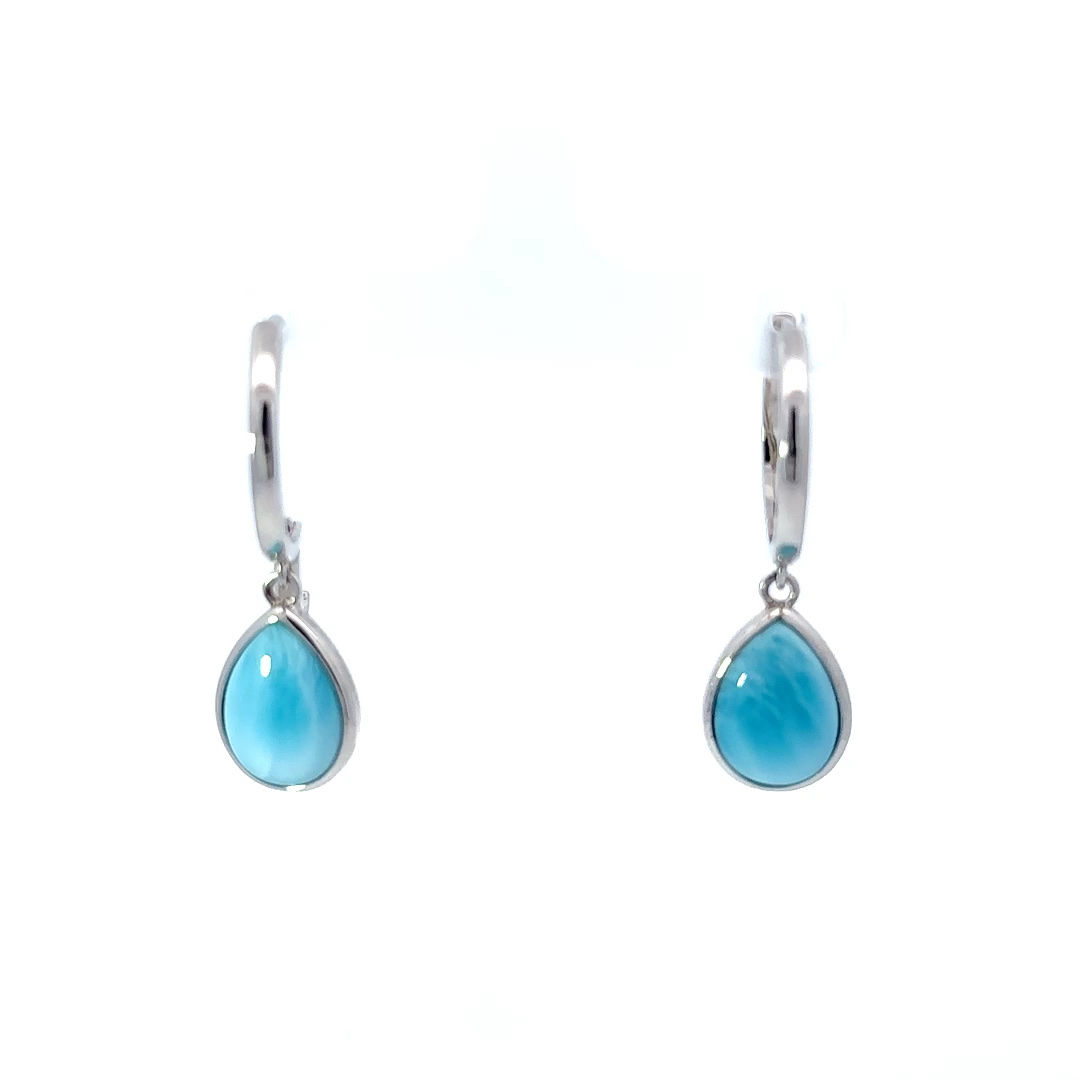 Sterling Silver .925 Pear Shaped Larimar Hoop Earrings
