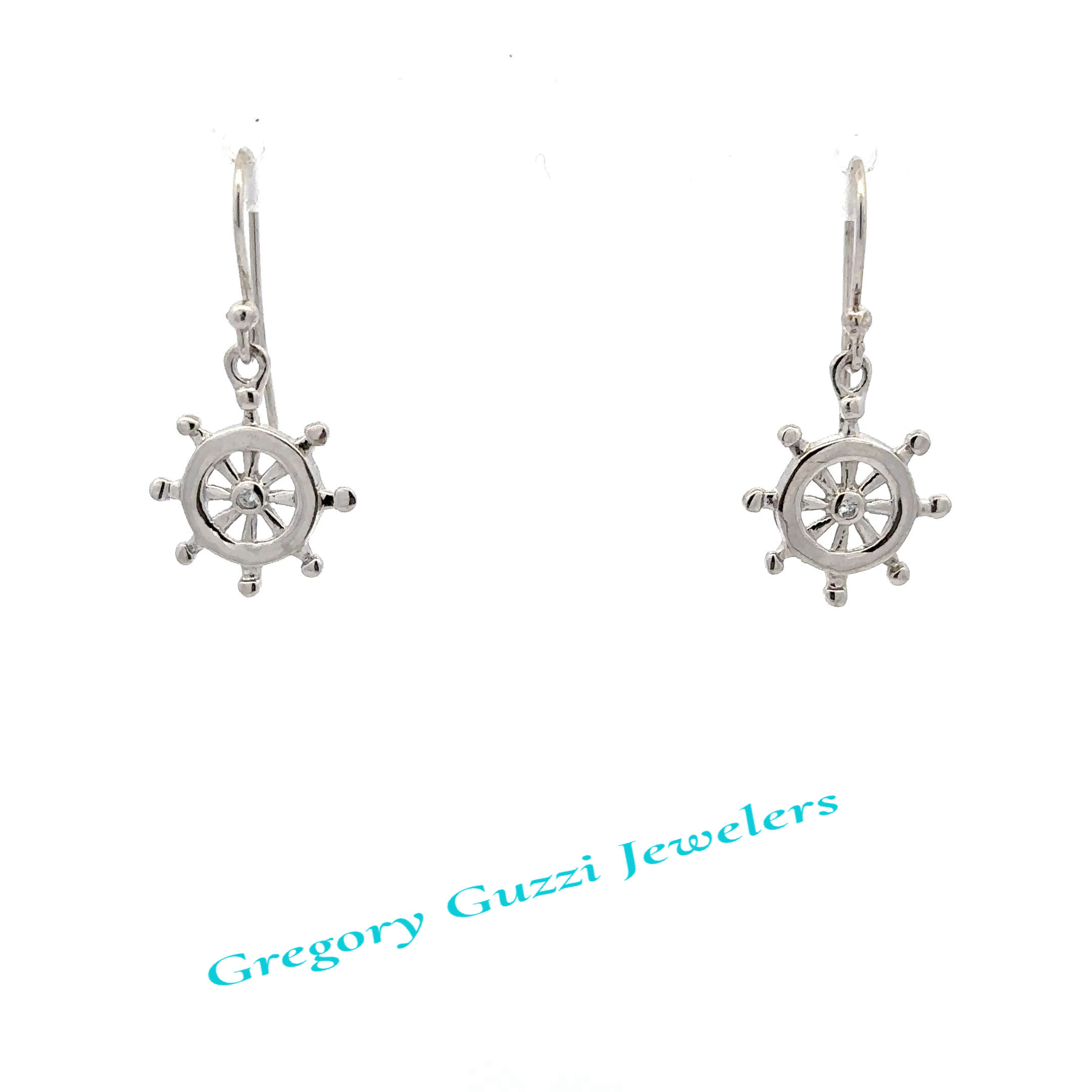 Sterling Silver Ship's Wheel Earrings With CZ