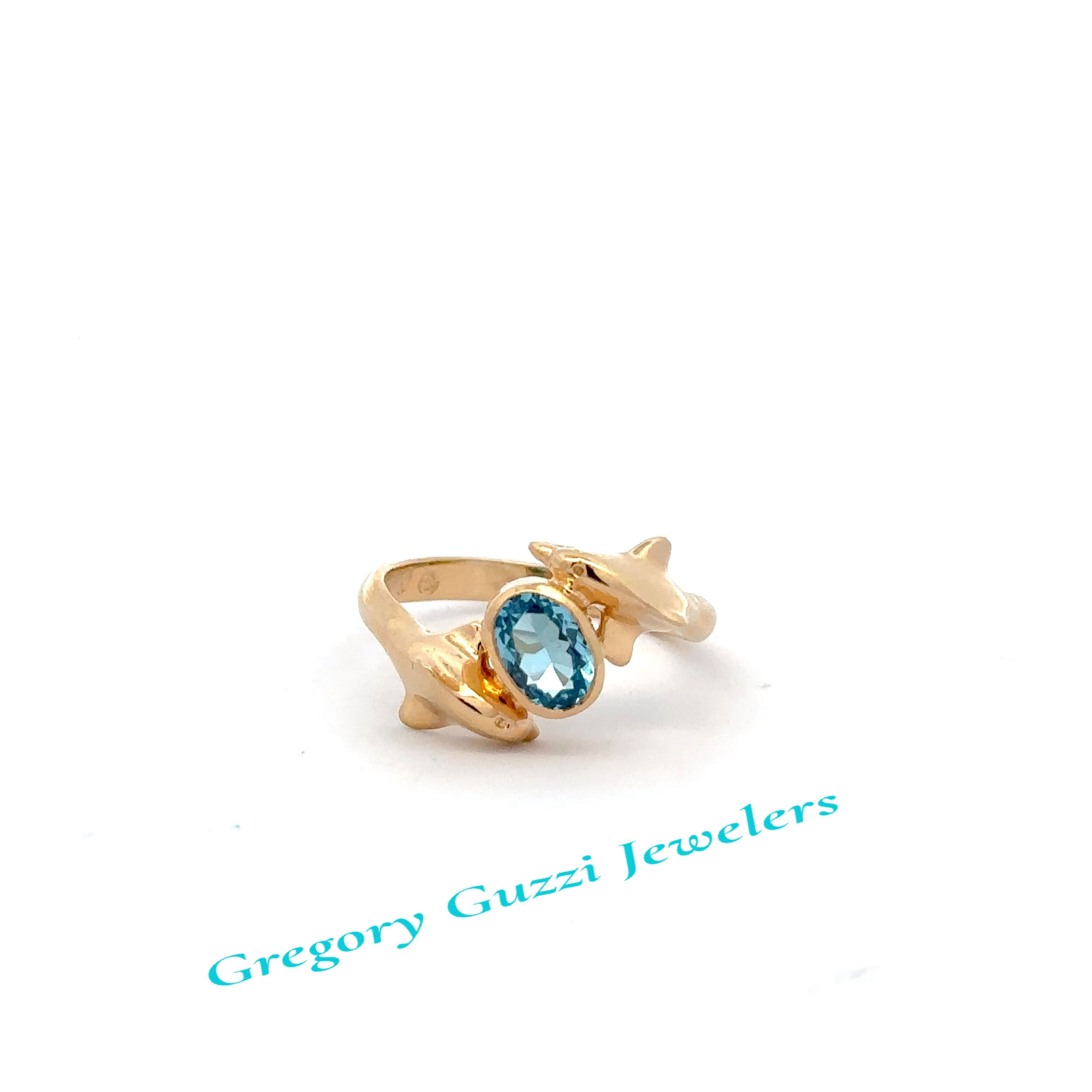 14KT Yellow Gold Double Dolphin Blue Topaz RING