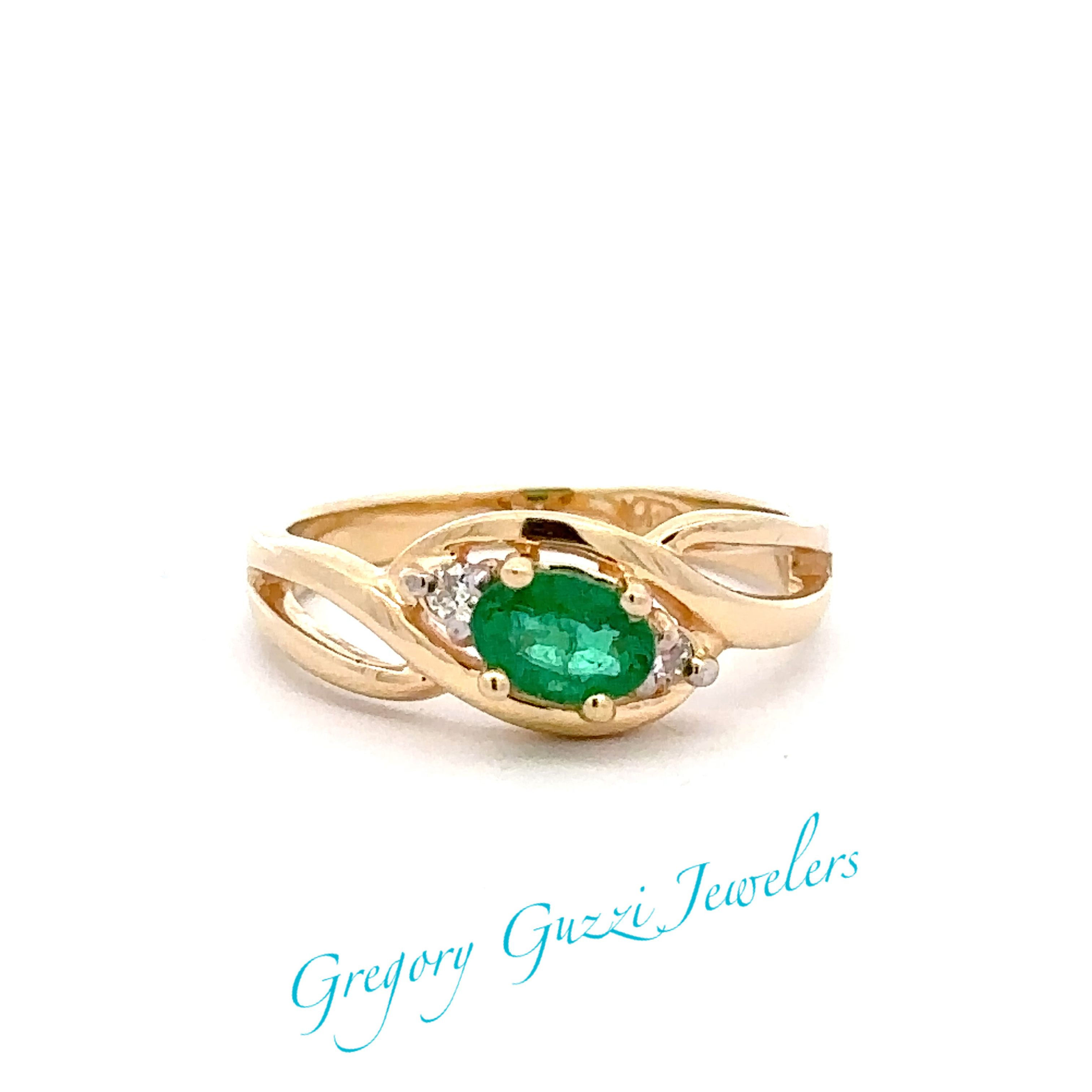 14KT. Yellow Gold Natural Emerald Ring With Diamonds (Size 6.25)