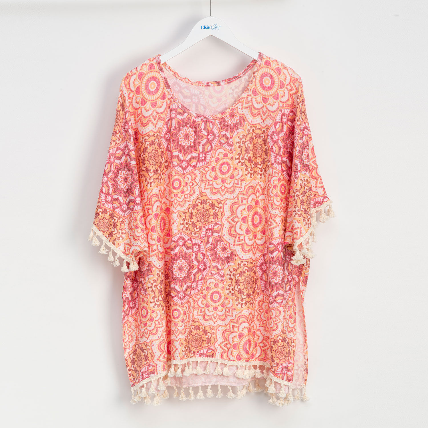 PINK & RED MANDALA FRINGE SWIMSUIT COVERUP - ONE SIZE