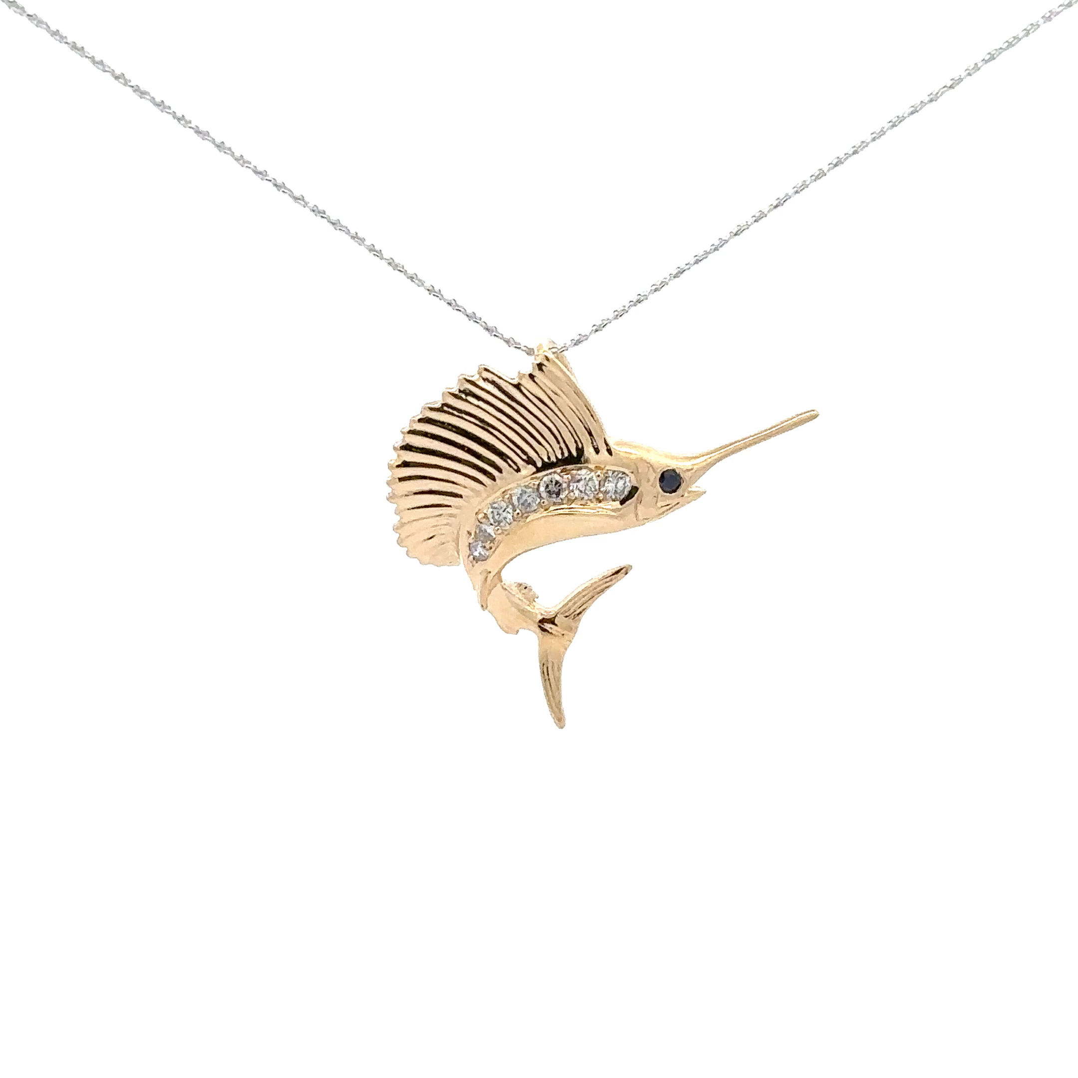 14KT Gold Sailfish with Diamonds and Sapphire Pendant