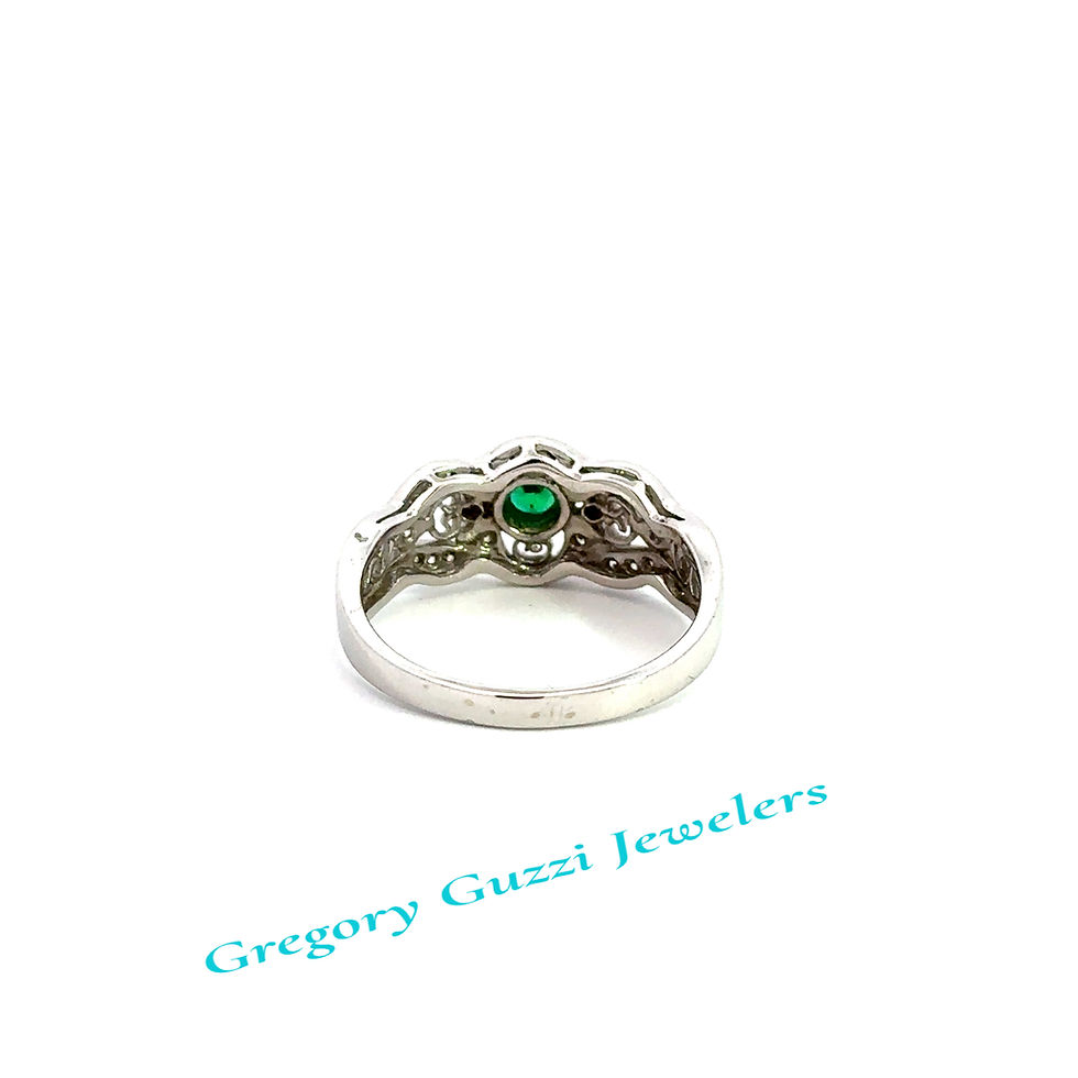 Thumbnail: 14KT White Gold Vintage Inspired Natural Emerald Diamond Ring