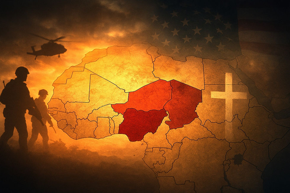 A dramatic large-scale map of West Africa with Nigeria highlighted in deep red, subtle silhouettes of armed soldiers and helicopters in the background, a faint overlay of a Christian church cross symbol and a United States flag blending into the scene