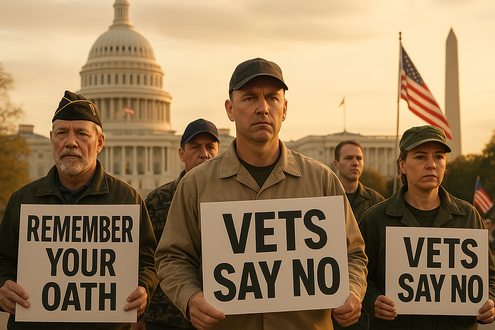 A group of U.S. military veterans protesting in a city square on Veterans Day, holding signs reading “Remember Your Oath” and “Vets Say No,” with a mix of solemn and determined expressions.