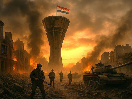 The illustration of Vukovar during the 1991 siege: a partially destroyed city under a smoky sky at sunset, with the iconic water tower standing tall despite damage, Croatian flag waving atop it, brave soldiers defending the city