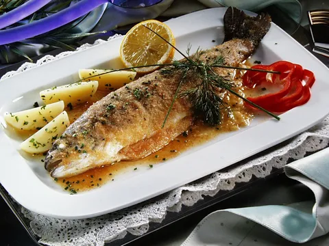 The brook trout dish is in the picture