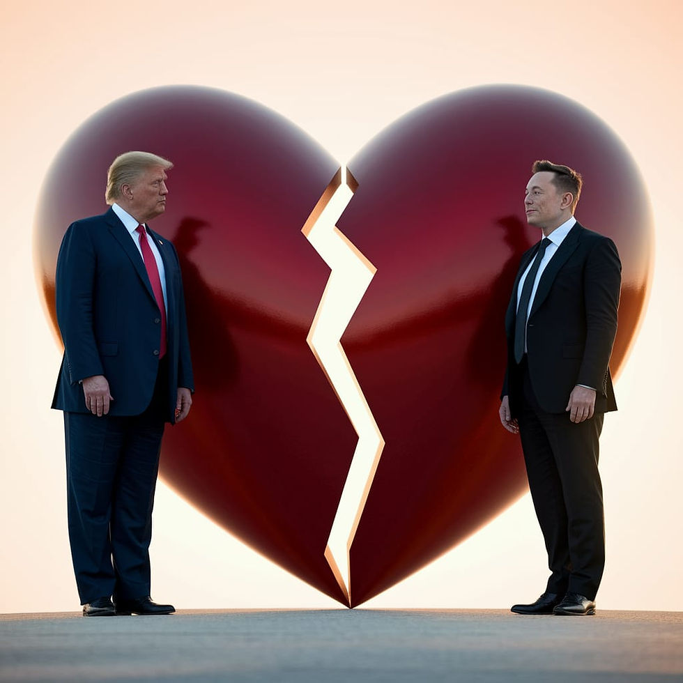 President Trump and Elon Musk each stand in their own part of the heart that has been torn in half by the unrequited love between the two of them