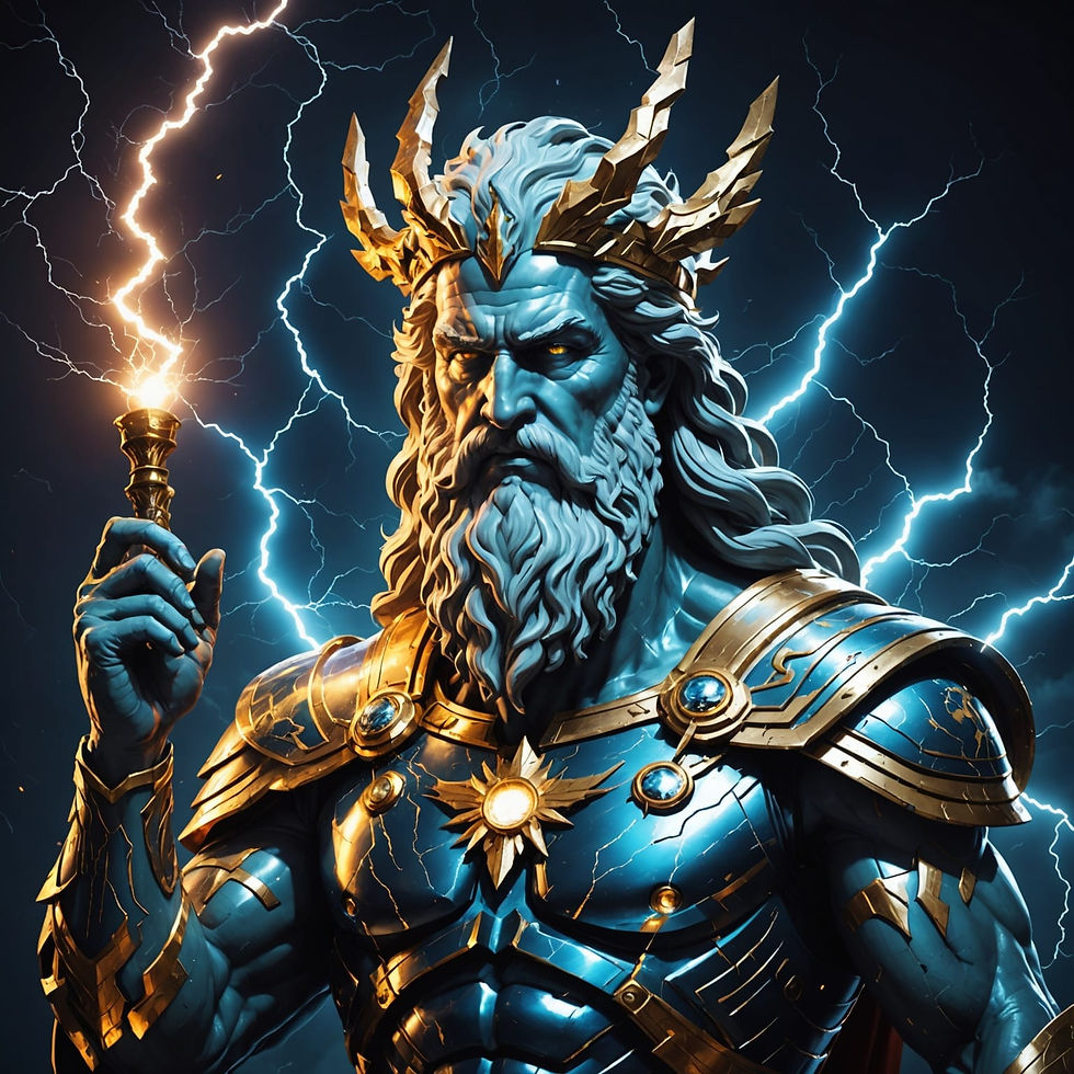The mythological god Zeus with a lightning bolt in his hand, his head is like an artificial intelligence robot