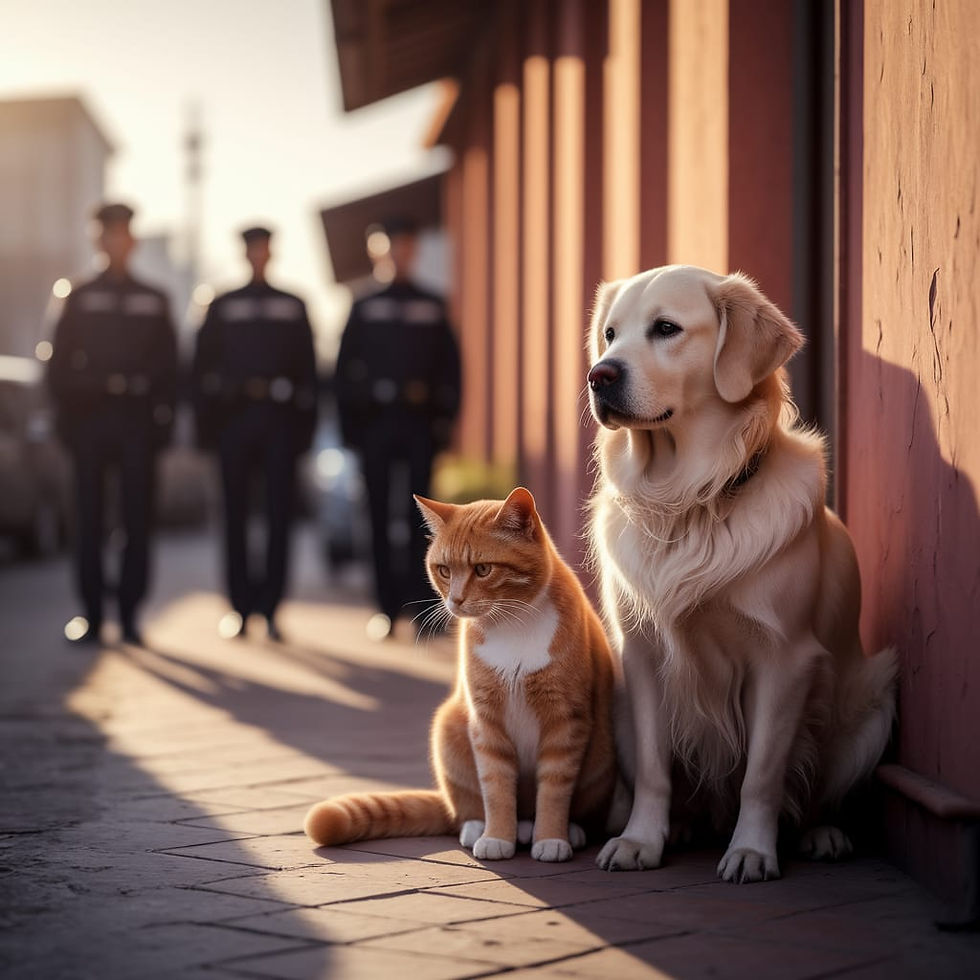 A cat and a dog sit with sad expressions on their faces as ICE agents detain their immigrant owners