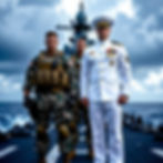 A US Navy officer in a formal white uniform stands shoulder to shoulder with a US Marine in full combat gear. The background is a US Navy warship