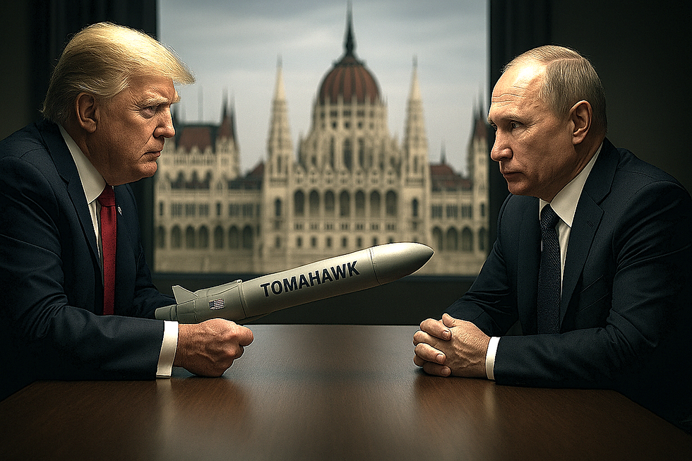Trump and Putin face each other across a conference table with the Hungarian Parliament in the background. President Trump holds a Tomahawk and threatens President Putin with it
