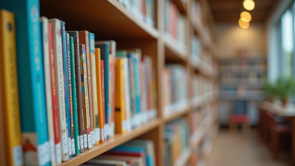 Eye-level view of a colorful bookshelf filled with children's books