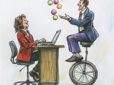 A woman in red works on a laptop at a desk, smiling at a man juggling balls while seated on a unicycle in an office setting.