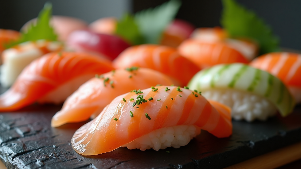 Close-up view of different sushi types on a platter
