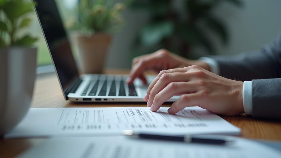 Close-up of a business owner's hands typing on a laptop keyboard next to paper documents and a pen.