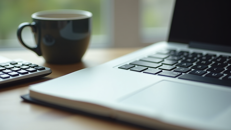 Close-up view of a neat desk with a calculator, notebook, and coffee cup