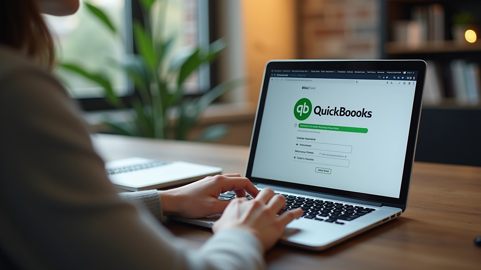 Close-up view of a person working on laptop with QuickBooks setup guide open