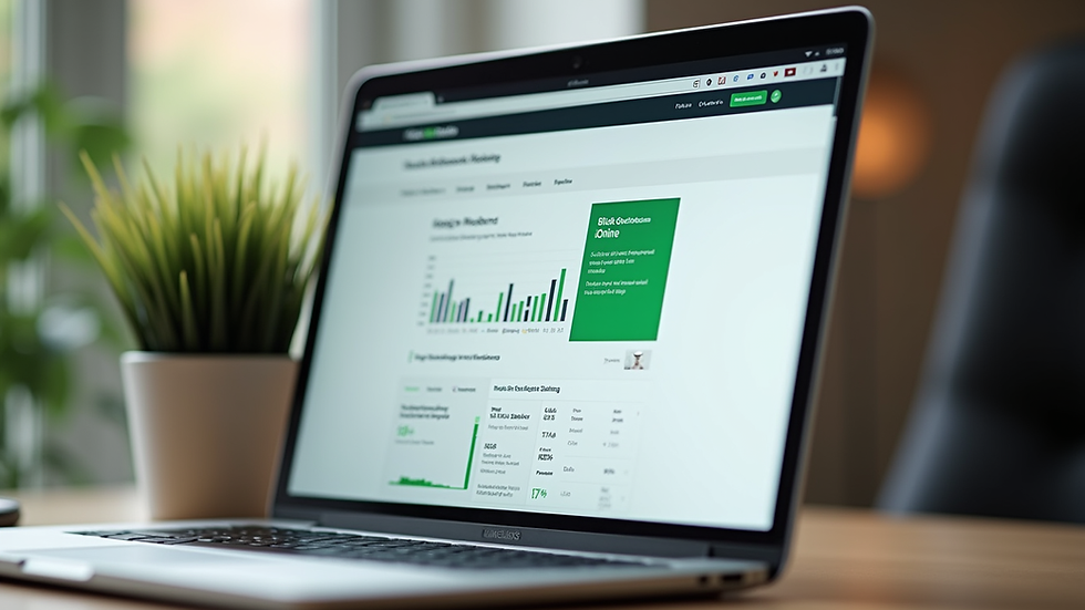 A modern laptop sitting on a wooden desk displaying the QuickBooks Online financial dashboard with green bar charts.