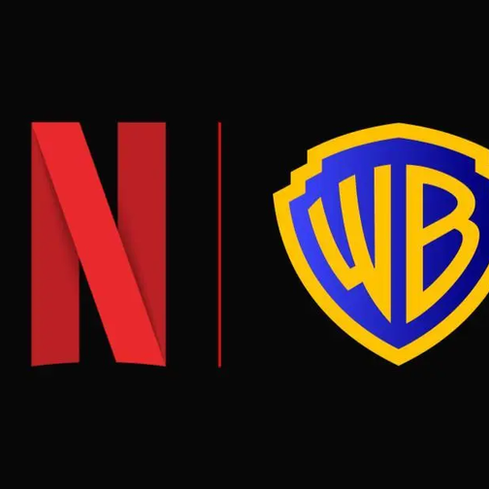 Netflix logo (a red "N") and Warner Bros. shield logo (blue and yellow "WB") side by side on a black background, symbolizing the proposed acquisition or partnership between the two companies.