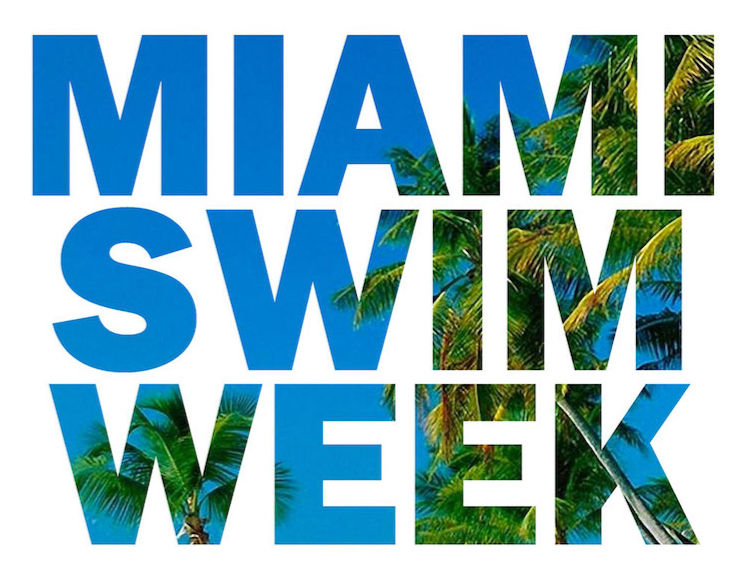 Miami Swim Week graphic featuring bold blue typography filled with palm trees and tropical scenery on a clean white background.