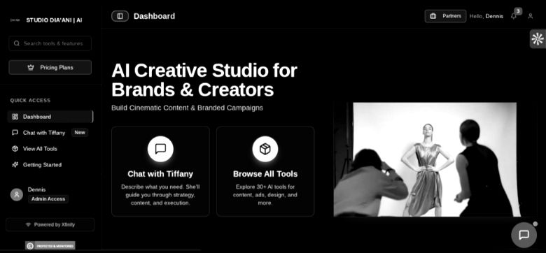 Studio Dia’ani AI Creative Studio dashboard for brands and creators with tools for cinematic content, advertising campaigns, and digital media production.
