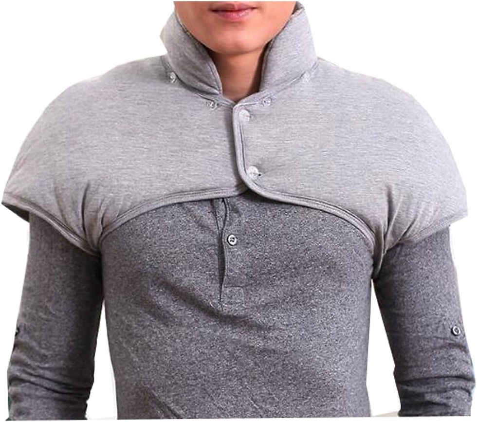 Bad Bunny-inspired Halloween 2026 costume top featuring exaggerated padded shoulders, a high stand-up collar, button-front detailing, and layered gray fabric. The dramatic, oversized shoulder design creates a humorous Super Bowl halftime-inspired fashion statement.