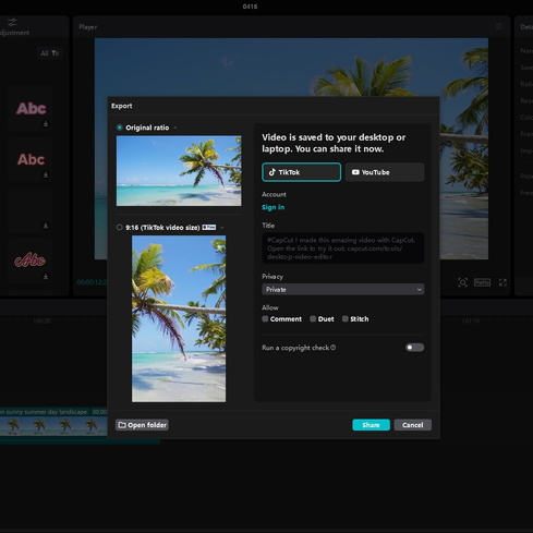 CapCut's export interface lets you easily choose between original and TikTok-friendly 9:16 formats, with direct sharing to TikTok or YouTube, plus privacy and copyright settings — all in one sleek screen.