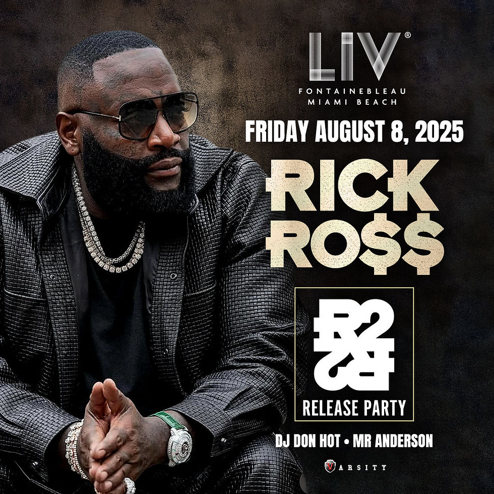 Rick Ross wearing sunglasses and a black textured jacket, seated confidently in front of a dark background, promoting his B2 Release Party at LIV Fontainebleau Miami Beach on Friday, August 8, 2025. Event also features DJ Don Hot and Mr. Anderson. 