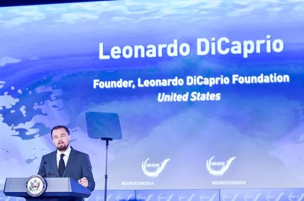 Leonardo DiCaprio giving a speech at an environmental event, representing celebrity philanthropy and ocean conservation.