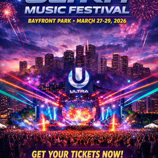 Colorful Miami Music Week 2026 and Ultra Music Festival poster featuring a massive outdoor stage at Bayfront Park, Miami skyline at sunset, fireworks, laser lights, and a large crowd, with bold text promoting dates March 27–29, 2026, and a “Get Your Tickets Now” call-to-action button.