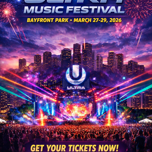 Colorful Miami Music Week 2026 and Ultra Music Festival poster featuring a massive outdoor stage at Bayfront Park, Miami skyline at sunset, fireworks, laser lights, and a large crowd, with bold text promoting dates March 27–29, 2026, and a “Get Your Tickets Now” call-to-action button.