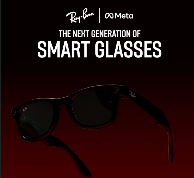 Dark promotional image of Meta Ray-Ban smart glasses with the text “The Next Generation of Smart Glasses” and logos for Ray-Ban and Meta above.